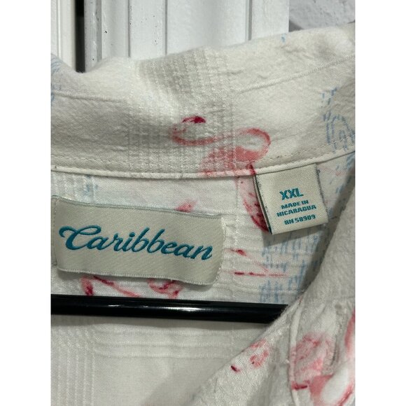 Caribbean Mens Flamingo Print Button-Up LInen Blend Shirt XXL White Pink - Picture 5 of 8